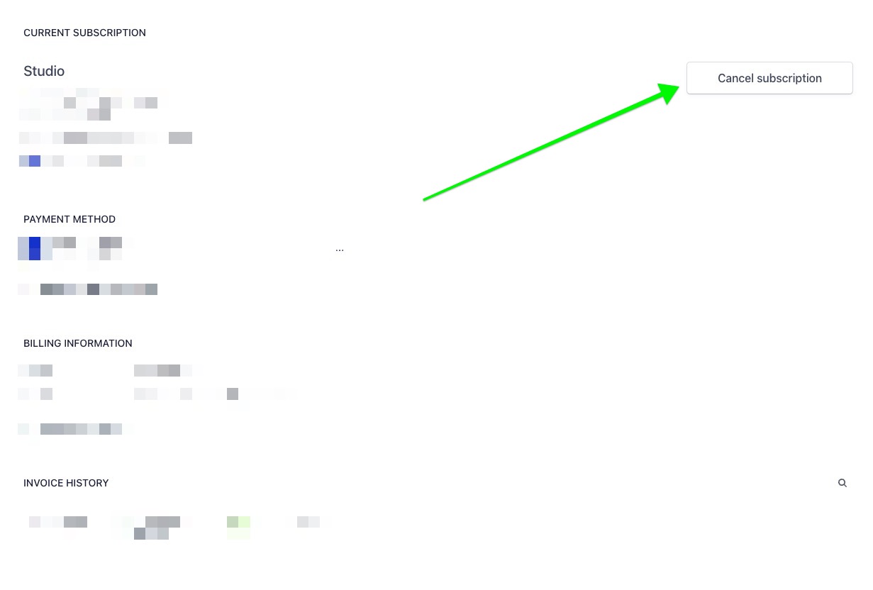 Stripe billing portal with Cancel subscription button highlighted