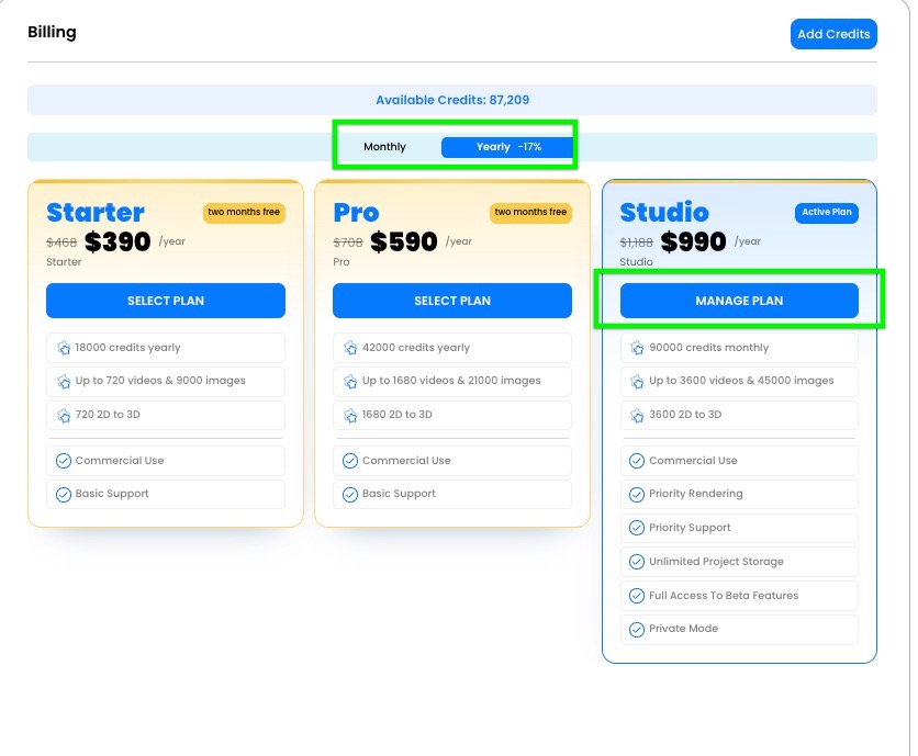 Billing page with Manage Plan button highlighted on the active plan