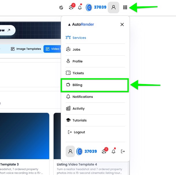 AutoRender app menu with Billing highlighted
